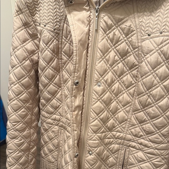 Weatherproof Beige Quilted Patterned Hooded Jacket Minimalist Sz Large Cabincore - Picture 7 of 14